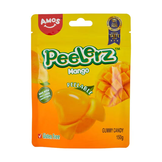 A 150g yellow-orange pouch of Twice as Sweet Amos Peelerz Gummy Mango (China), showing peelable, mango-flavoured gummies made with fruit juice; gluten free and featuring a peeled gummy image on the front.