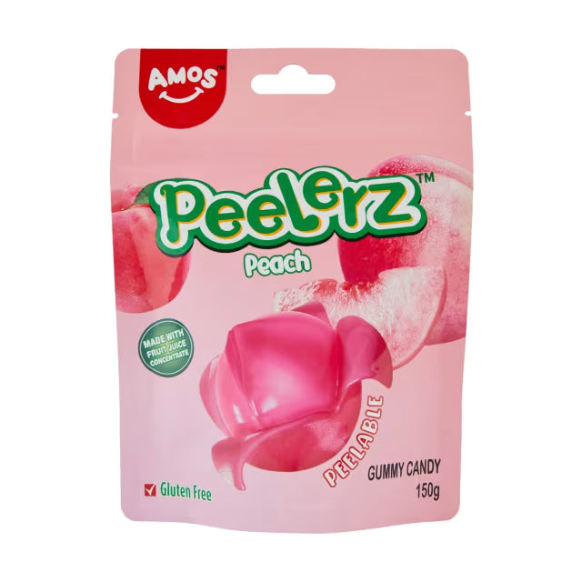 A 150g pink pouch of Twice as Sweet Amos Peelerz Gummy Peach (China) features images of peeled peach gummies and whole peaches, highlighting its peelable and gluten-free peach gummy candy treats.