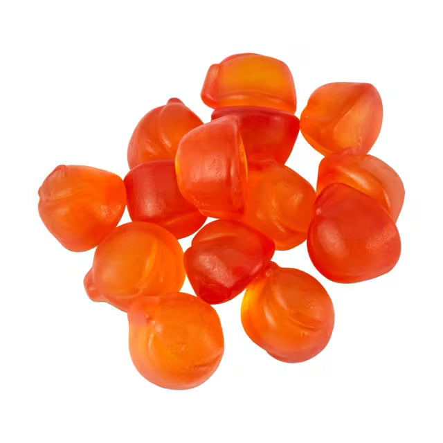 A pile of bright orange and red Twice as Sweet Amos Peelerz Gummy Peach 150g (China) candies, shaped like fruit, arranged on a white background.