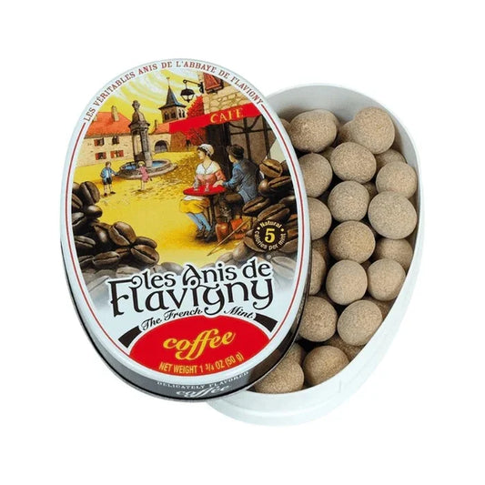 Twice as Sweet Anis De Flavigny Coffee 50g (France): Oval tin with a village and coffee bean design, open to show round brown French sweets inside.