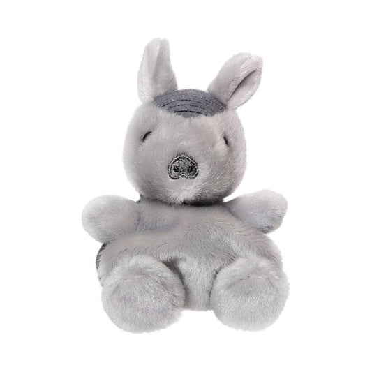 A small, gray plush kangaroo with closed eyes and large ears sits upright against a white background next to the Palm Pal Antonia Armadillo plush by Twice as Sweet.