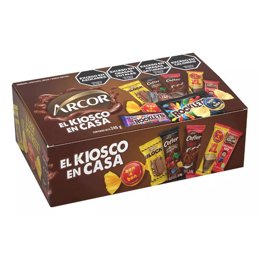 A brown box labeled Twice as Sweet features the Arcor Chocolate Assortment 246g (Argentina) with Bon o Bon, Cofler Block, Cofler Air, Rocklets, and other assorted Argentine chocolates and candies.