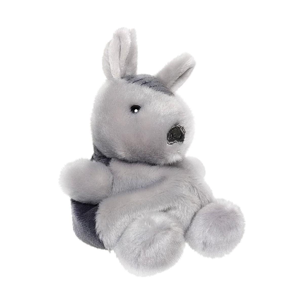 The Twice as Sweet Palm Pal Antonia Armadillo is a soft plush toy with gray and dark gray colors, upright ears, a black nose, and round limbs, resembling a small armadillo and sitting against a white background.