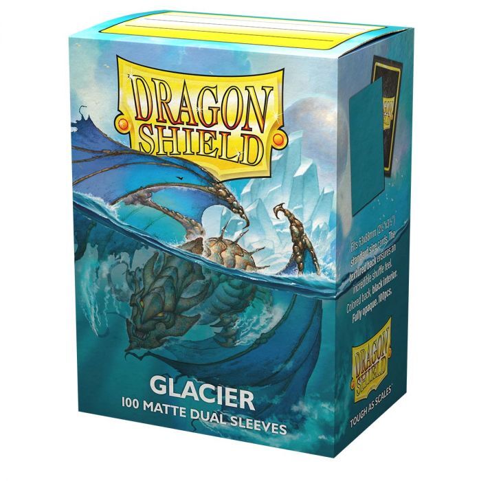 Dragon Shield Glacier 100 Matte Dual Sleeves box, featuring a blue and teal illustration of a dragon in icy waters with a yellow Dragon Shield logo on the front.