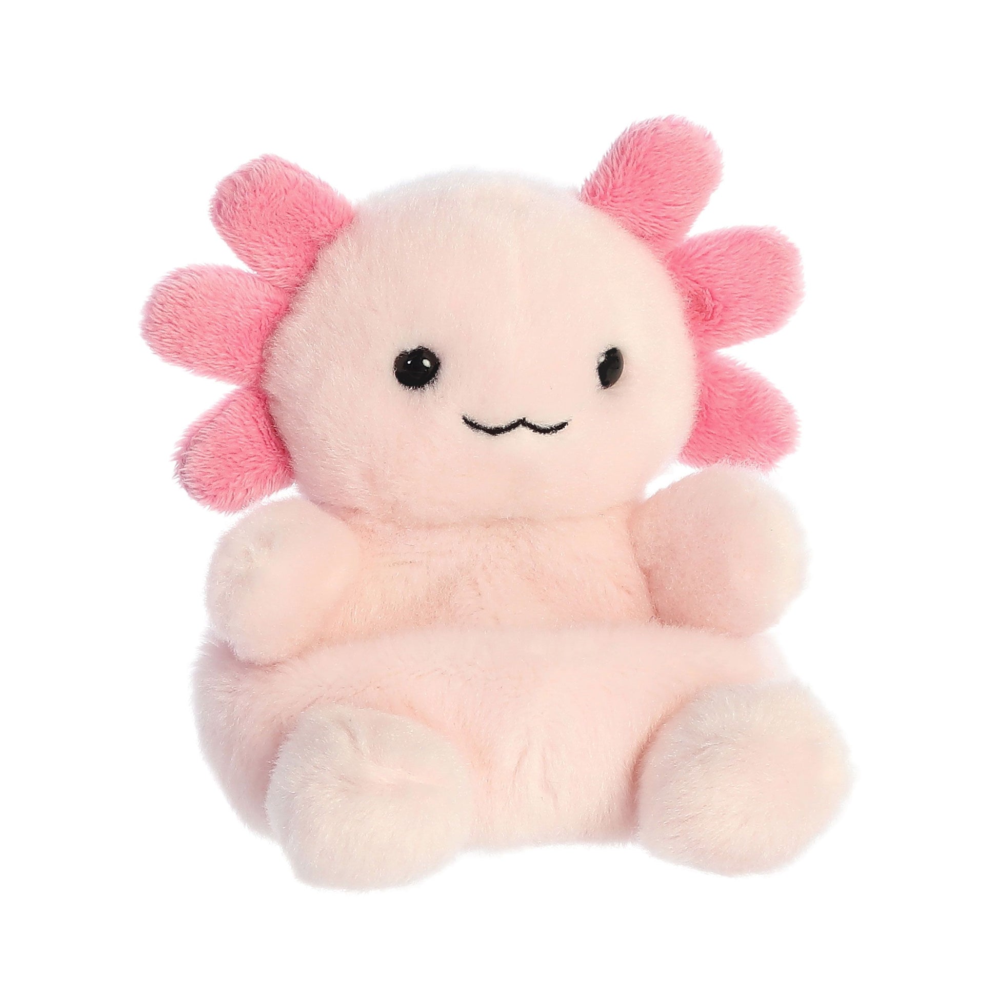 The Palm Pal Ax Axolotl by Twice as Sweet is a cute plush toy with soft pink fur, round black eyes, a smiling mouth, and six fluffy gill stalks—an adorable aquatic stuffed animal for all ages.