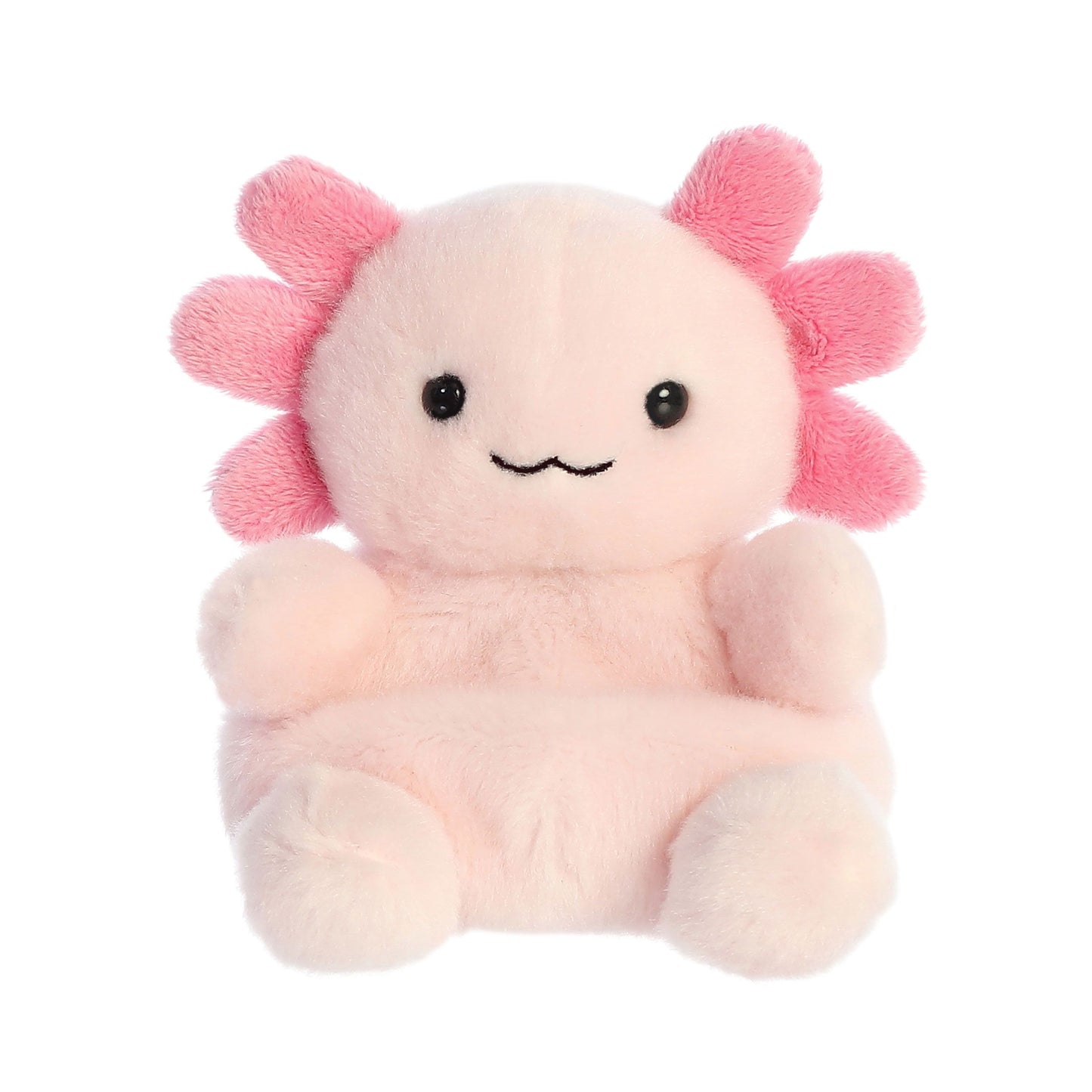The Palm Pal Ax Axolotl by Twice as Sweet is a soft, plush axolotl toy with light pink fur, dark eyes, a smiling mouth, and fluffy pink gill-like head appendages—an irresistibly cute aquatic stuffed animal.