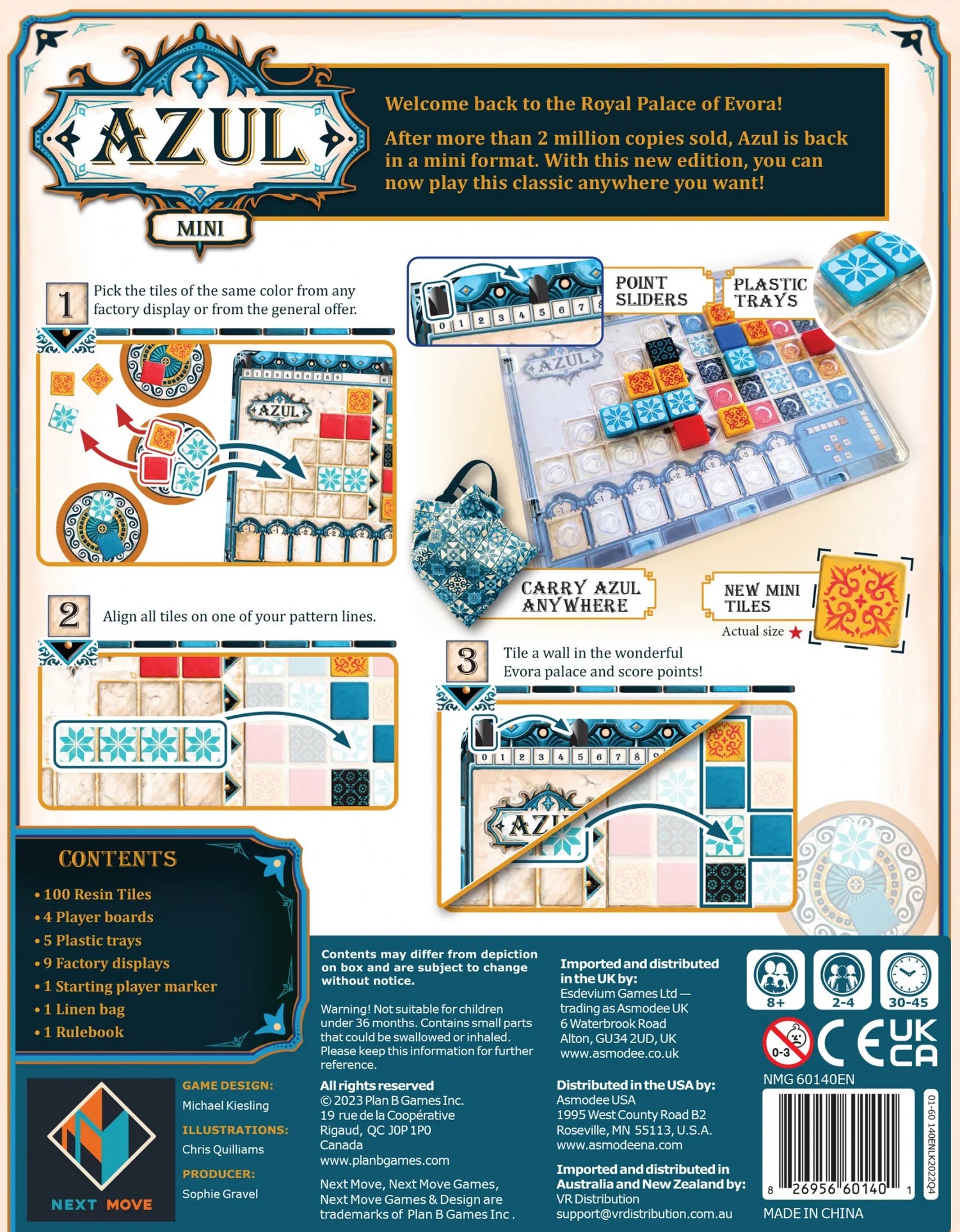 Back cover of 'Azul' mini game packaging with instructions and product details.