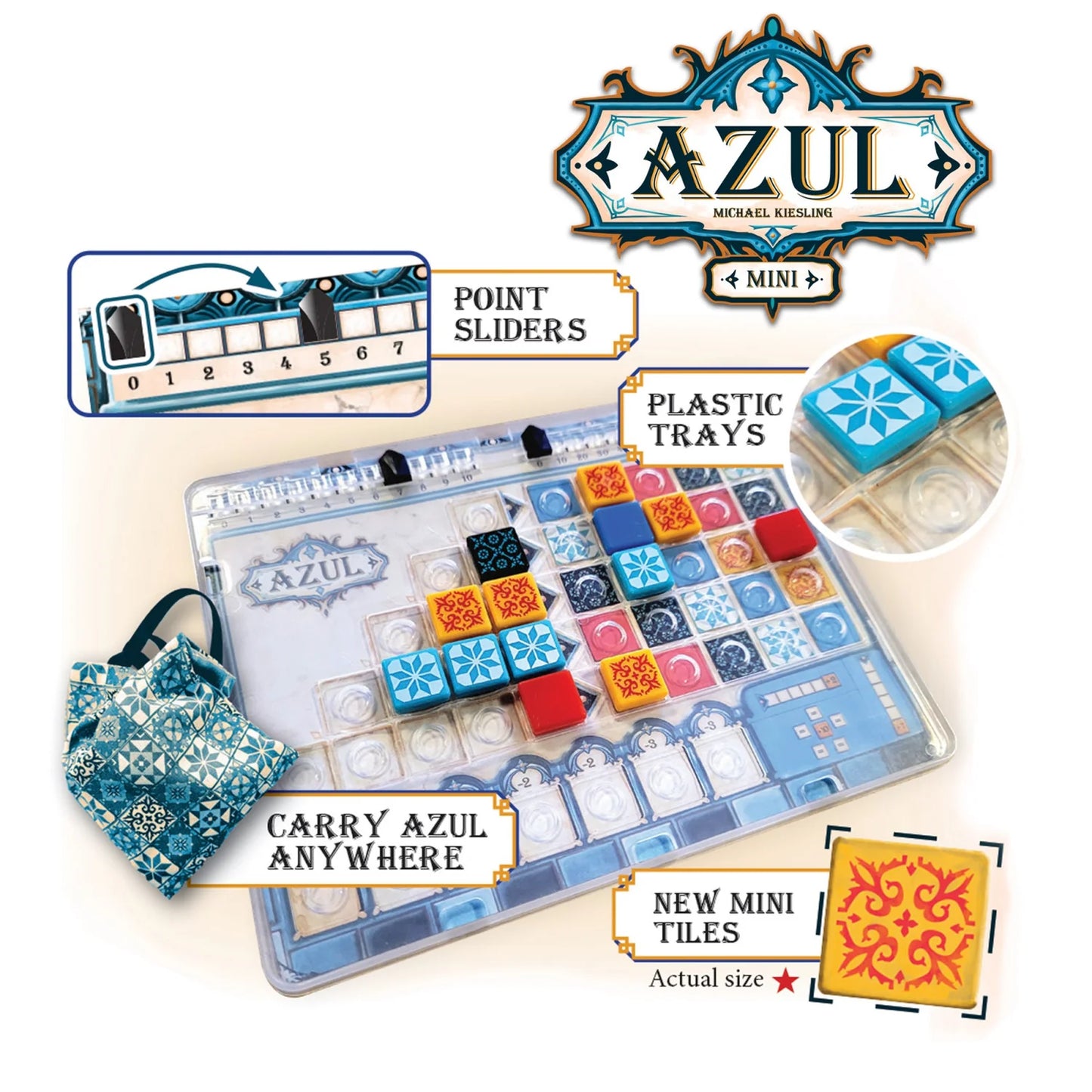 Azul Mini game set with carrying case, tiles, and sliders on a white background