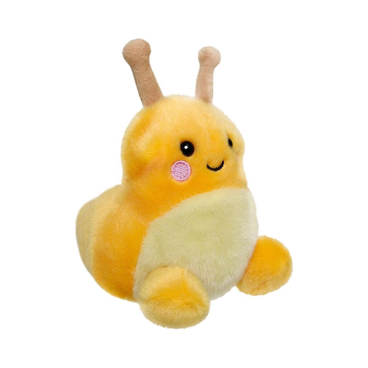 Palm Pal Emily Banana Slug by Twice as Sweet is a cute plush toy with a yellow and cream body, pink cheeks, black eyes, a small smile, and tan antennae—an adorable woodland plush on a white background.