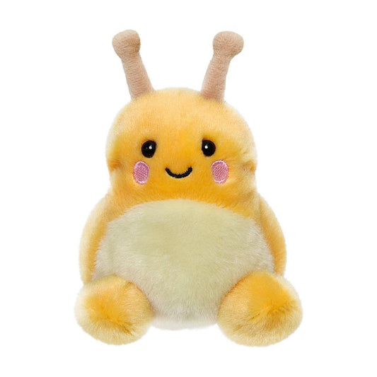 The Twice as Sweet Palm Pal Emily Banana Slug is a plush toy shaped like a yellow and cream-colored snail with pink cheeks, a smiling face, and two soft antennae, resembling an adorable woodland creature.