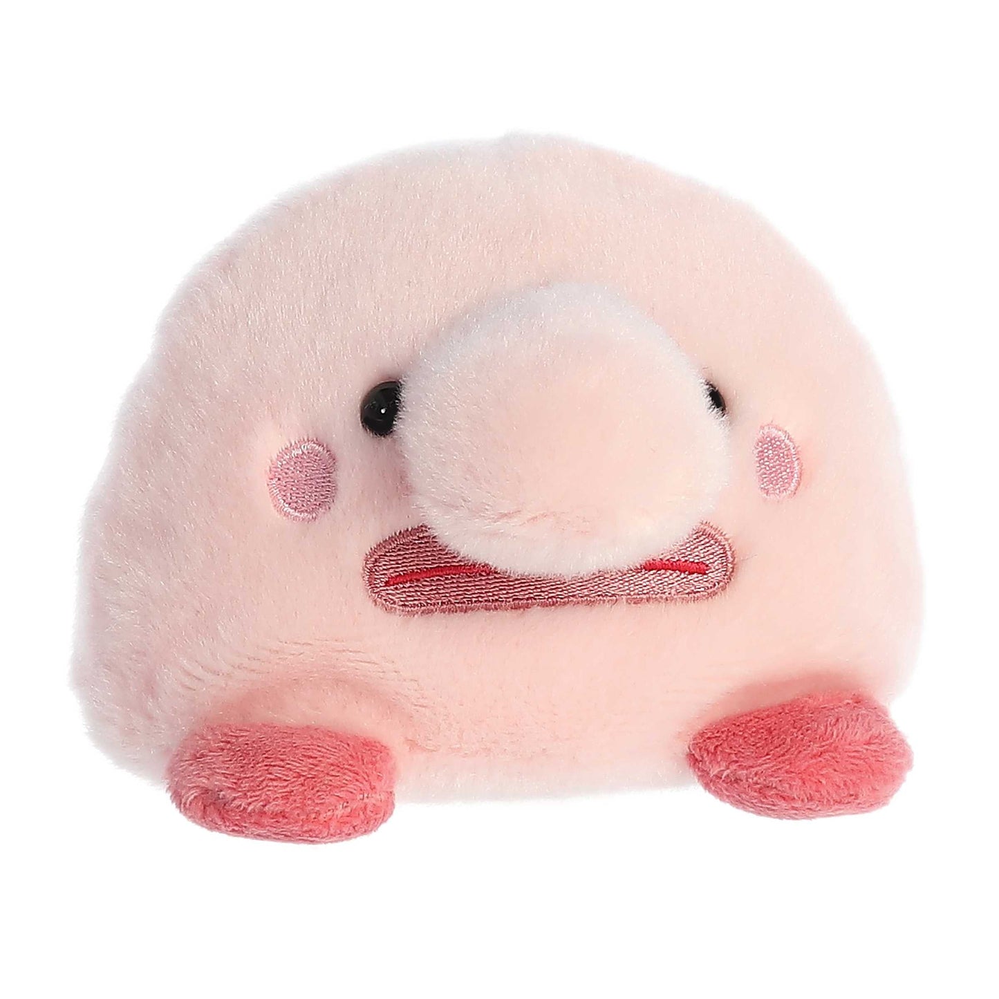 Palm Pal Bart Blobfish by Twice as Sweet is a soft, round plush toy with a light pink body, big nose, small black eyes, red lips and fins—a cute aquatic stuffed animal perfect for all ages.