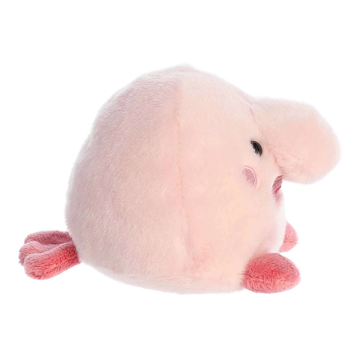 The Twice as Sweet Palm Pal Bart Blobfish is a squishy plush toy shaped like a chubby pink blobfish with red fins and embroidered features, shown from the side against a white background.