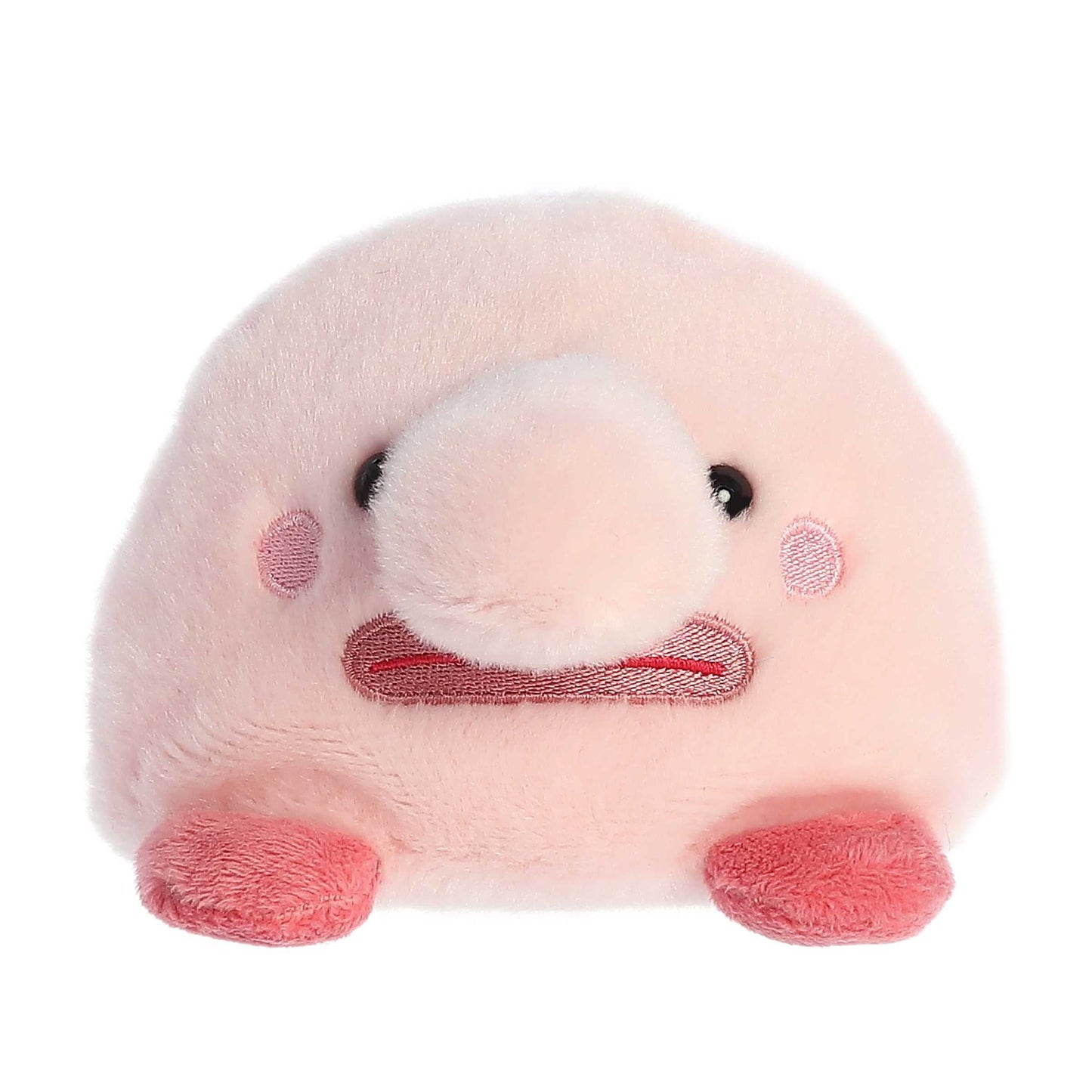 The Palm Pal Bart Blobfish by Twice as Sweet is a pink, round plush with a big nose, tiny black eyes, rosy cheeks, and two red feet—an adorable aquatic stuffed animal made of soft, fuzzy fabric.