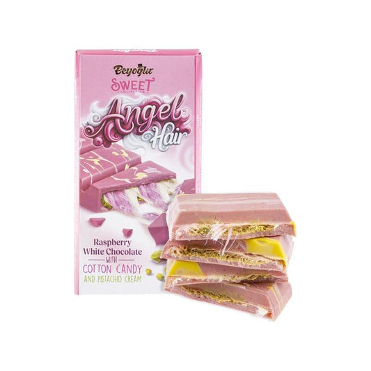 A pink box of Twice as Sweet Beyoglu Dubai Chocolate Angel Hair Raspberry White Chocolate Filled with Cotton Candy and Pistachio Cream 160g (Turkey), shown next to three stacked bars revealing their colorful filling.