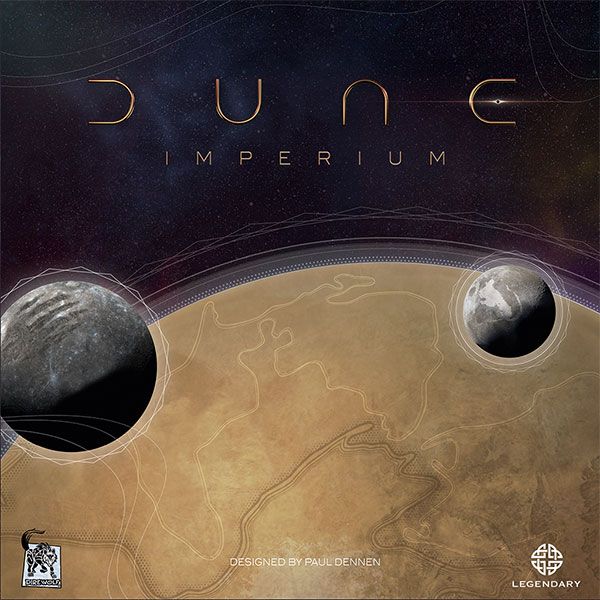 Cover of 'Dune Imperium' board game with desert landscape and planets.