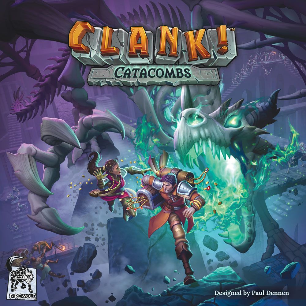 Board game box for 'Clank! Catacombs' with fantasy-themed artwork and text.