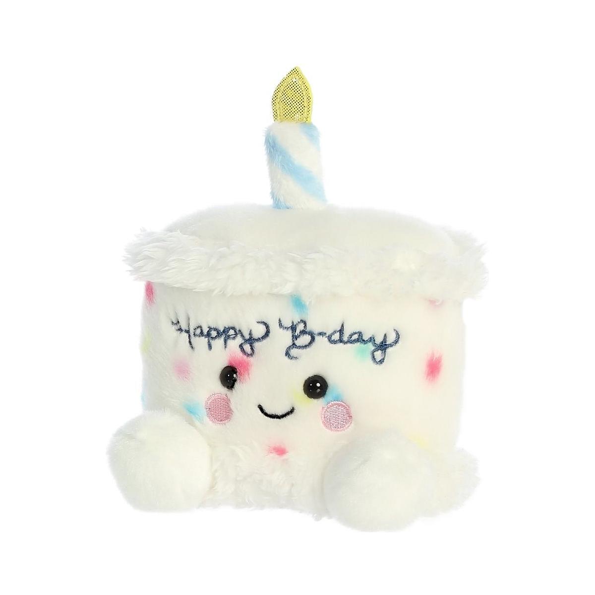 Celebrate with the Twice as Sweet Palm Pal Happy Bday Cake, a plush birthday cake toy with colorful sprinkles, a cheerful face, soft round feet, a blue and white striped candle, and Happy B-day embroidered on the front.