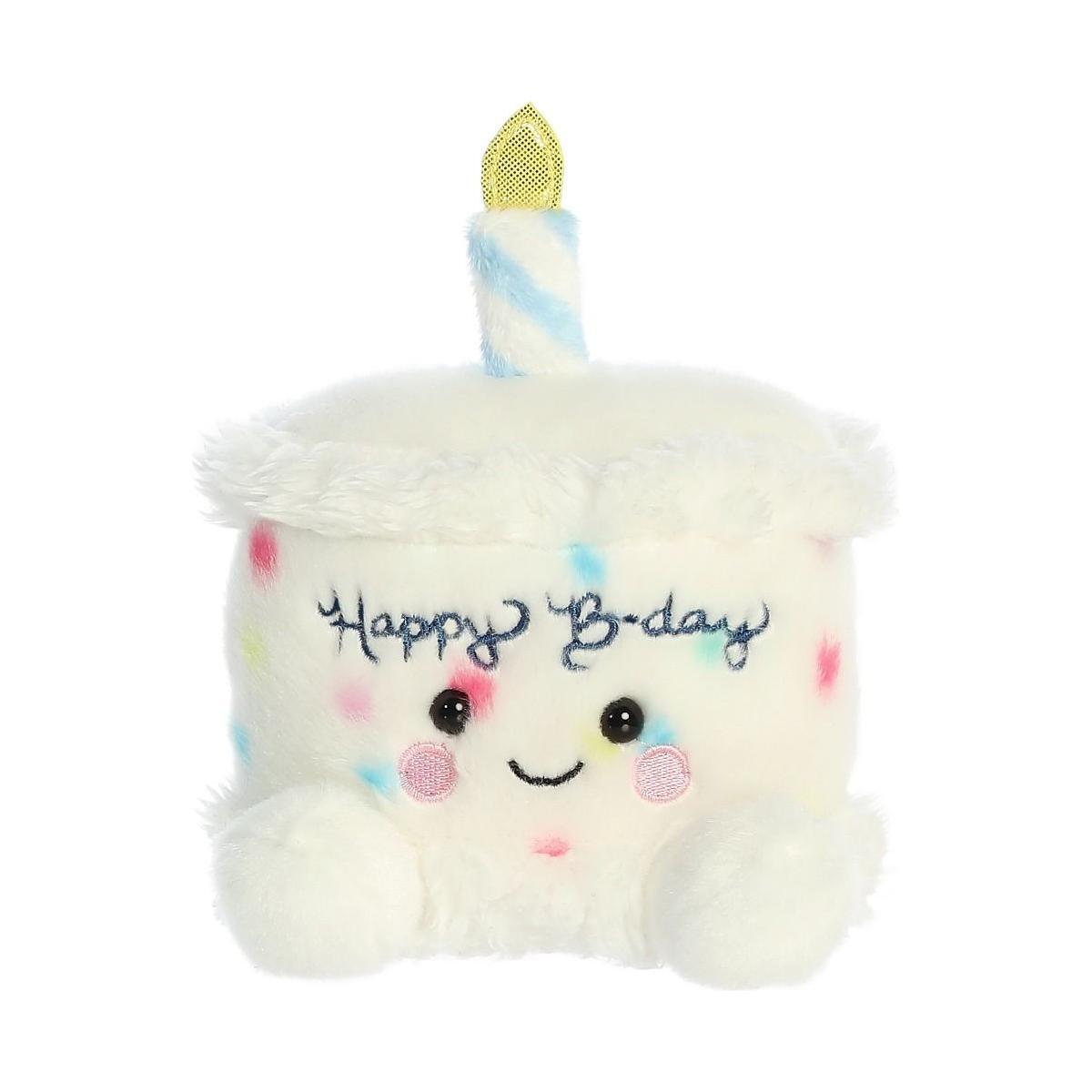 The Twice as Sweet Palm Pal Happy Bday Cake is a plush birthday cake toy with colorful polka dots, a smiling face, an embroidered Happy B-day message, and a single candle on top.