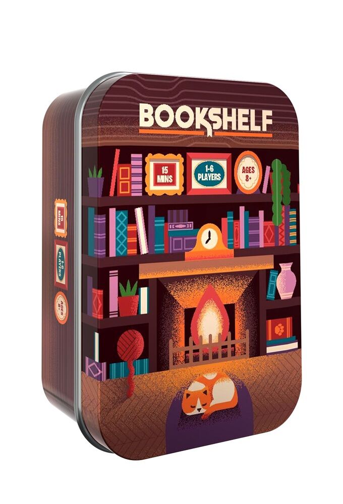 Front of tin box for the game "Bookshelf" featuring artwork of a cat sleeping in front of a fireplace and bookshelf