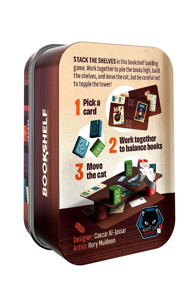 A square metal tin package for the bookshelf building game, shown at a slight angle on a white background. The front has a warm beige panel with instructions and game imagery, while the sides are dark brown wood-grain.