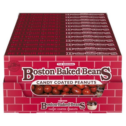 A display box of Twice as Sweet Boston Baked Beans Theatre Box 121g (USA), featuring multiple red boxes with a brick wall design and bold white lettering—a classic retro American candy favorite.