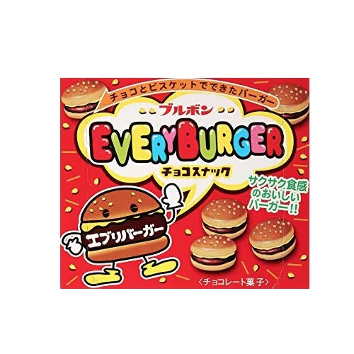 A colorful red box of Twice as Sweet Bourbon Every Burger Chocolate & Biscuit 66g (Japan), featuring playful burger-shaped biscuits with chocolate and cream, fun cartoon graphics, and Japanese text on the packaging.