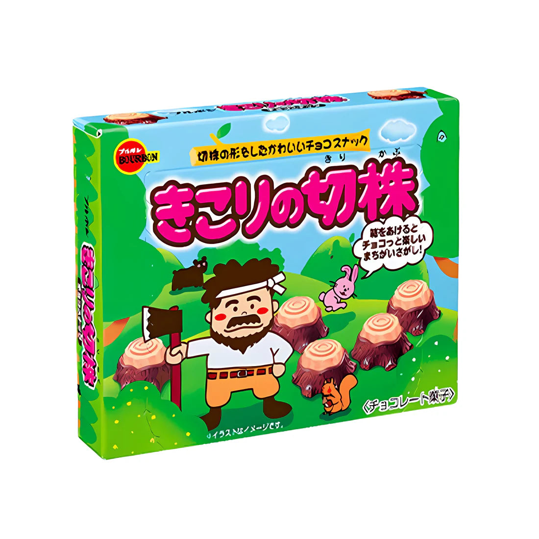 A colorful box of Twice as Sweet Bourbon Tree Chocolate Biscuit 66g (Japan) features playful tree-shaped biscuits, a cartoon lumberjack, and a bright green forest background with vibrant Japanese text.