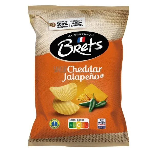 Twice as Sweet Brets Cheddar Jalapeño Chips 125g (France) come in orange and beige packaging with French labeling, featuring spicy cheddar chips, savory cheese, and jalapeños—highlighting these flavorful, certified French chips.