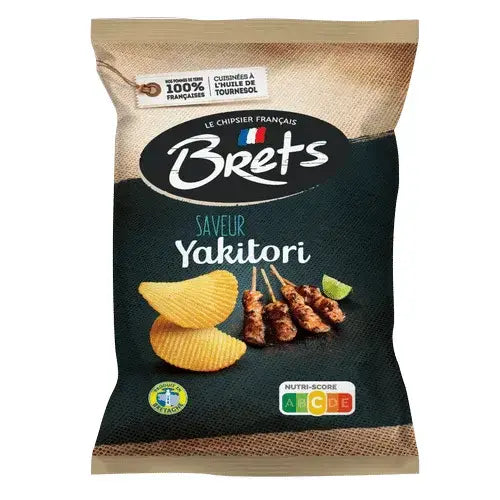 Brets Yakitori Chips 125g by Twice as Sweet feature ridged French chips with yakitori and lime on black packaging, French branding, Nutri-Score label, and highlight a unique Japanese flavor experience.