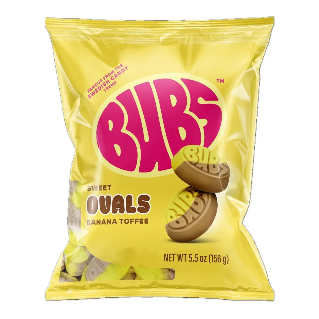 A 156g yellow bag of Twice as Sweet Bubs Sweet Oval Banana Toffee Gummies from Sweden, featuring classic oval-shaped candies and bright pink and brown lettering.