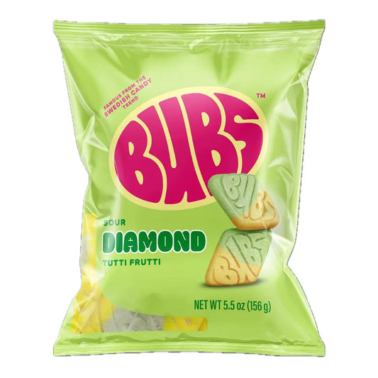 A 156g bag of Twice as Sweet Bubs Sour Diamond Tutti Frutti Gummies from Sweden, featuring colorful, diamond-shaped sour candies with “Bubs” embossed on each piece.