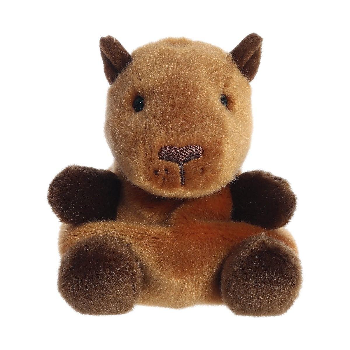The Twice as Sweet Palm Pal Sid Capybara is a soft, plush toy with light brown fur, darker brown paws and ears, and an embroidered nose and mouth—perfect for any stuffed animal collection.
