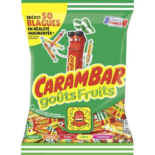 The Twice as Sweet Carambar Fruits 320g bag (France, BB: 10/25) features a cartoon Carambar in sunglasses and a hat, showcases fruity flavors, chewy caramel texture, and mentions augmented reality jokes on the colorful package.