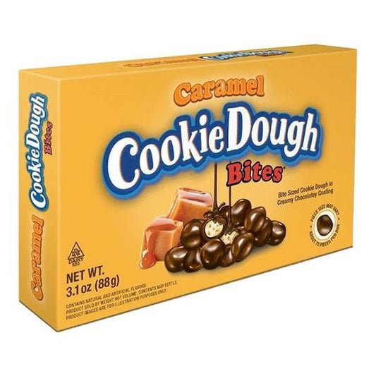 A yellow box of Twice as Sweet Caramel Cookie Dough Bites 88g (USA) shows chocolate-coated cookie dough bites and caramel pieces, with bold white and blue text and a net weight of 88g on the front.