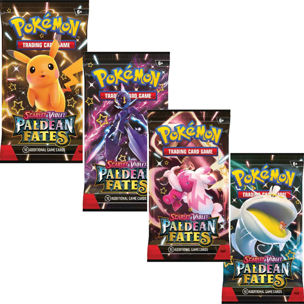 Four packs of Pokemon trading card game 'Scarlet & Violet: Paldean Fates' on a white background