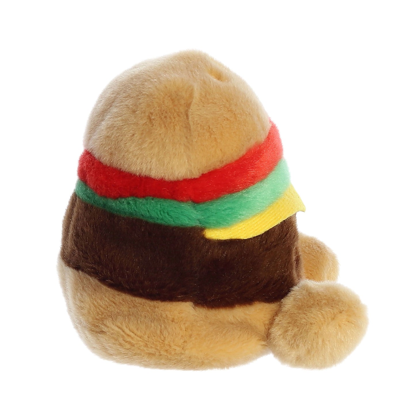 The Palm Pal Charles Cheeseburger plush by Twice as Sweet features fuzzy tan, brown, red, green, and yellow layers for the bun, patty, tomato, lettuce, and cheese. Shown from a side angle on a white background.