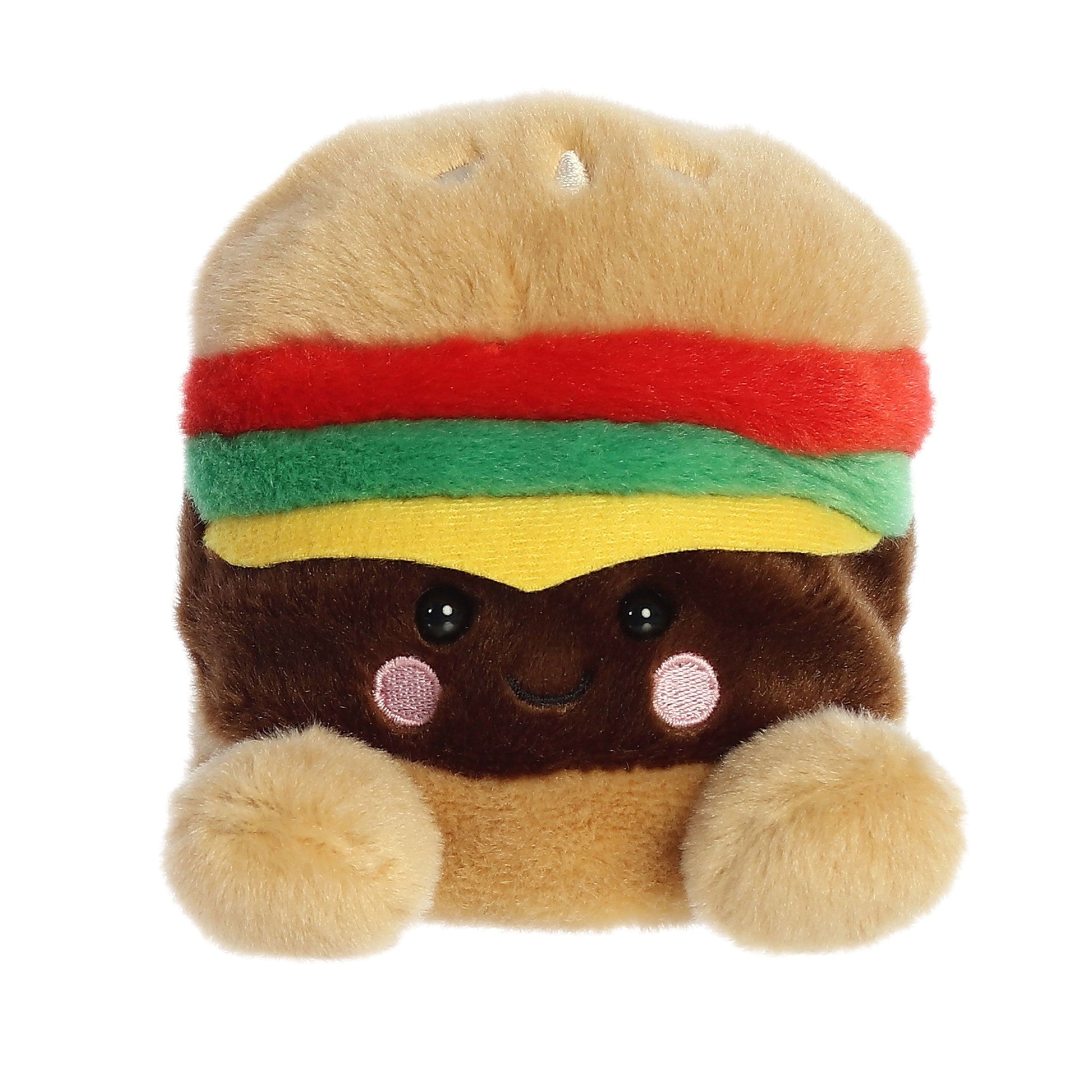 The Twice as Sweet Palm Pal Charles Cheeseburger plush is an adorable collectible with embroidered eyes, pink cheeks, and soft fabric layers for lettuce, tomato, and cheese—plus tan fuzzy bun hands for extra charm.