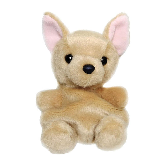 The Twice as Sweet Palm Pal Cookie Chihuahua is a plush hand puppet with large black eyes, a black nose, and pink inner ears, shown against a white background.
