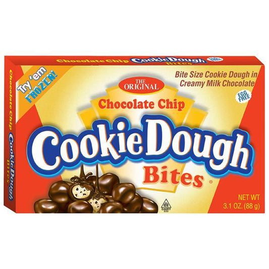 A red and yellow box of Twice as Sweet Chocolate Chip Cookie Dough Bites 88g (USA) shows chocolate-covered cookie dough on the front, is labeled egg-free, and has a net weight of 3.1 oz (88g).