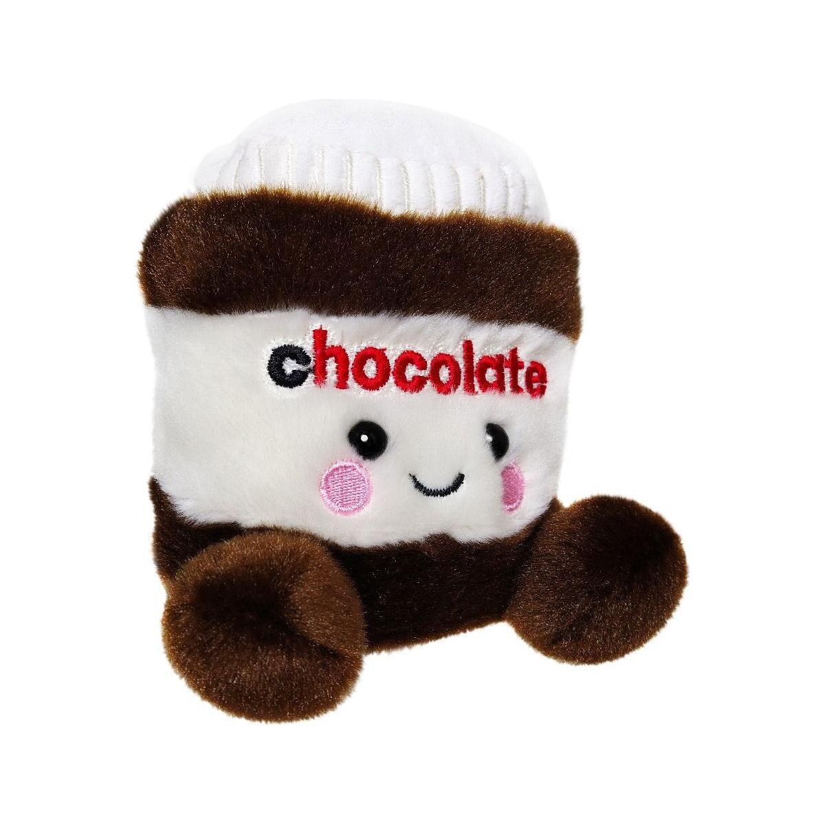 The Twice as Sweet Palm Pal Silky Chocolate Spread is a plush chocolate toy with a cute smiling face, pink cheeks, chocolate embroidered in red and black, plus soft brown arms and legs—full of chocolatey charm!.