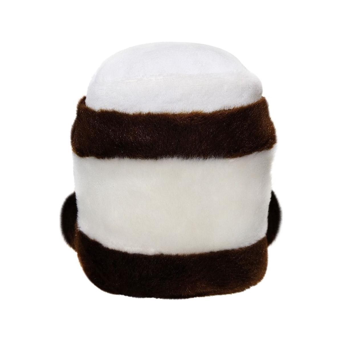 The Twice as Sweet Palm Pal Silky Chocolate Spread is a plush toy shaped like a sushi roll, featuring fluffy white and dark brown stripes that look like rice and seaweed, adding chocolatey charm against a plain white background.