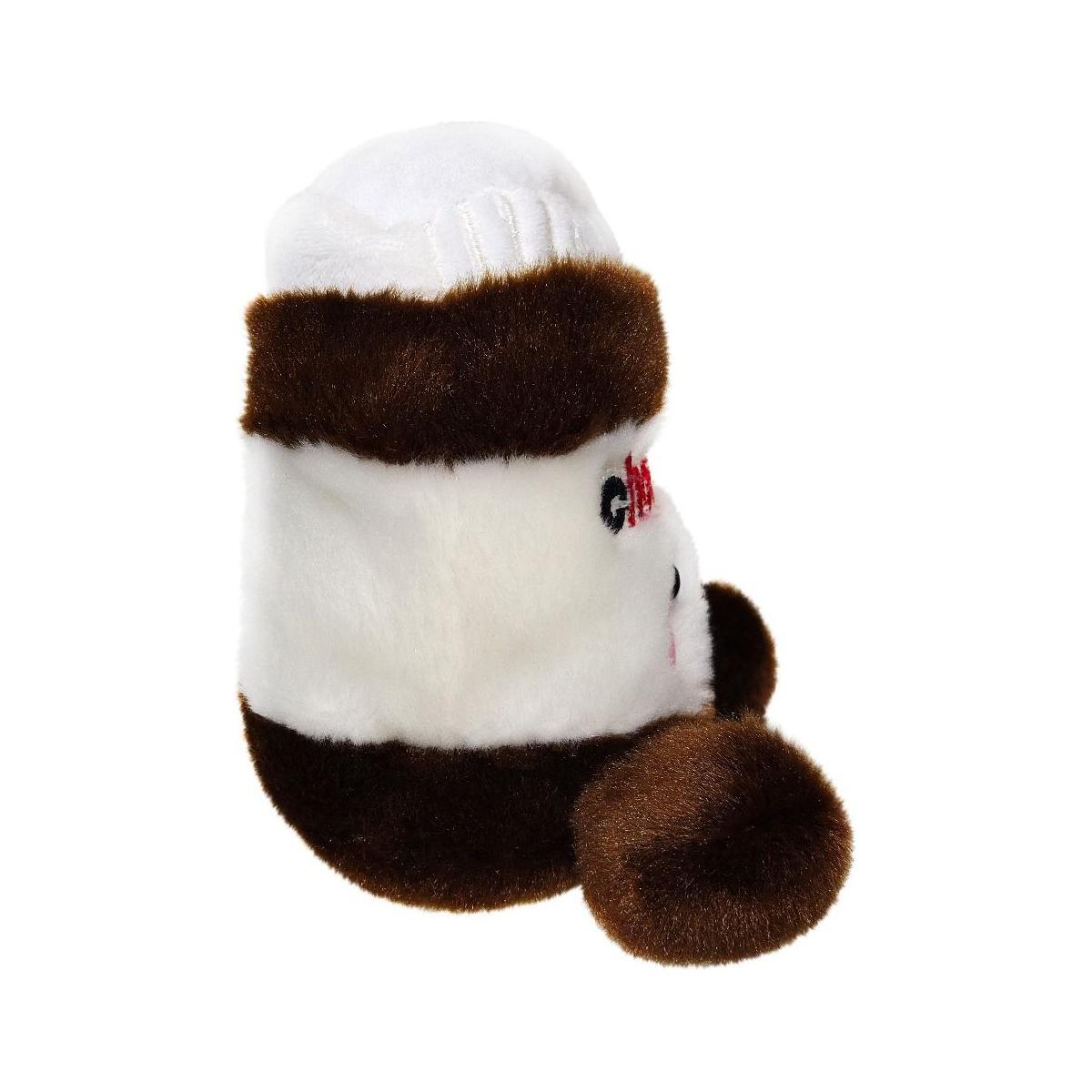 The Twice as Sweet Palm Pal Silky Chocolate Spread is a plush chocolate toy shaped like a white and brown coffee cup with embroidered eyes and a red mouth, complete with lid and handle, shown on a white background.