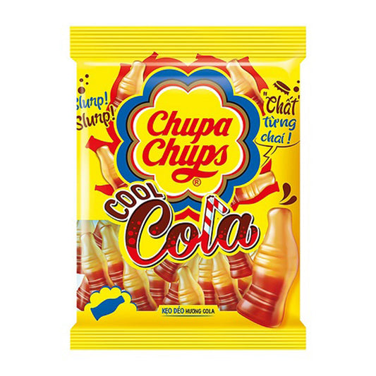 A yellow bag of Twice as Sweet Chupa Chups Cool Cola Jelly Candy 90g (China) shows cola bottle-shaped gummies on the packaging, with an illustrated cola bottle and the Chupa Chups logo in red on a flower-shaped background.