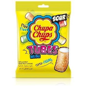 A yellow bag of Chupa Chups Mini Sour Tubes Jelly Candy 90g (Vietnam) by Twice as Sweet, with colorful candy art and Fizz Fizz, Center-Filling, and Mixed Fruit Flavours on the front—ideal for sour candy lovers!.