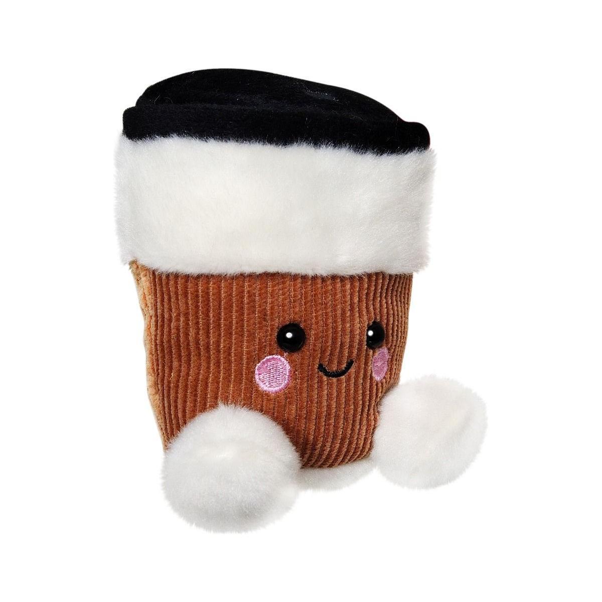 The Twice as Sweet Palm Pal Essie Coffee Cup is a fun corduroy plush shaped like a brown cup with a white furry rim, pom-poms, black top, pink cheeks, and a smile—perfect for coffee-themed plush collectors.