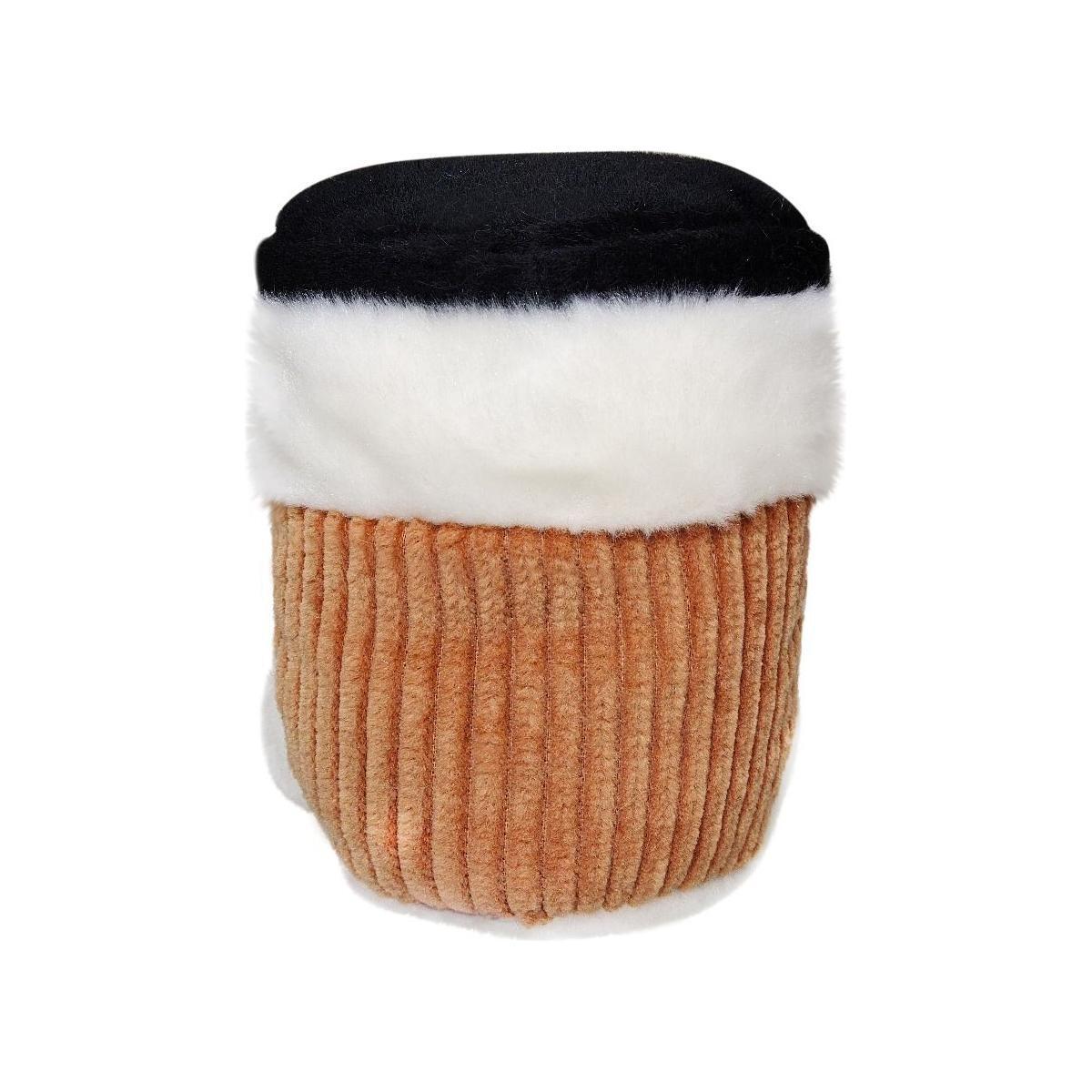 The Palm Pal Essie Coffee Cup by Twice as Sweet is a coffee-themed plush shaped like a cappuccino, with a black top, white foam middle, and ribbed light brown base—perfect for caffeine lovers.