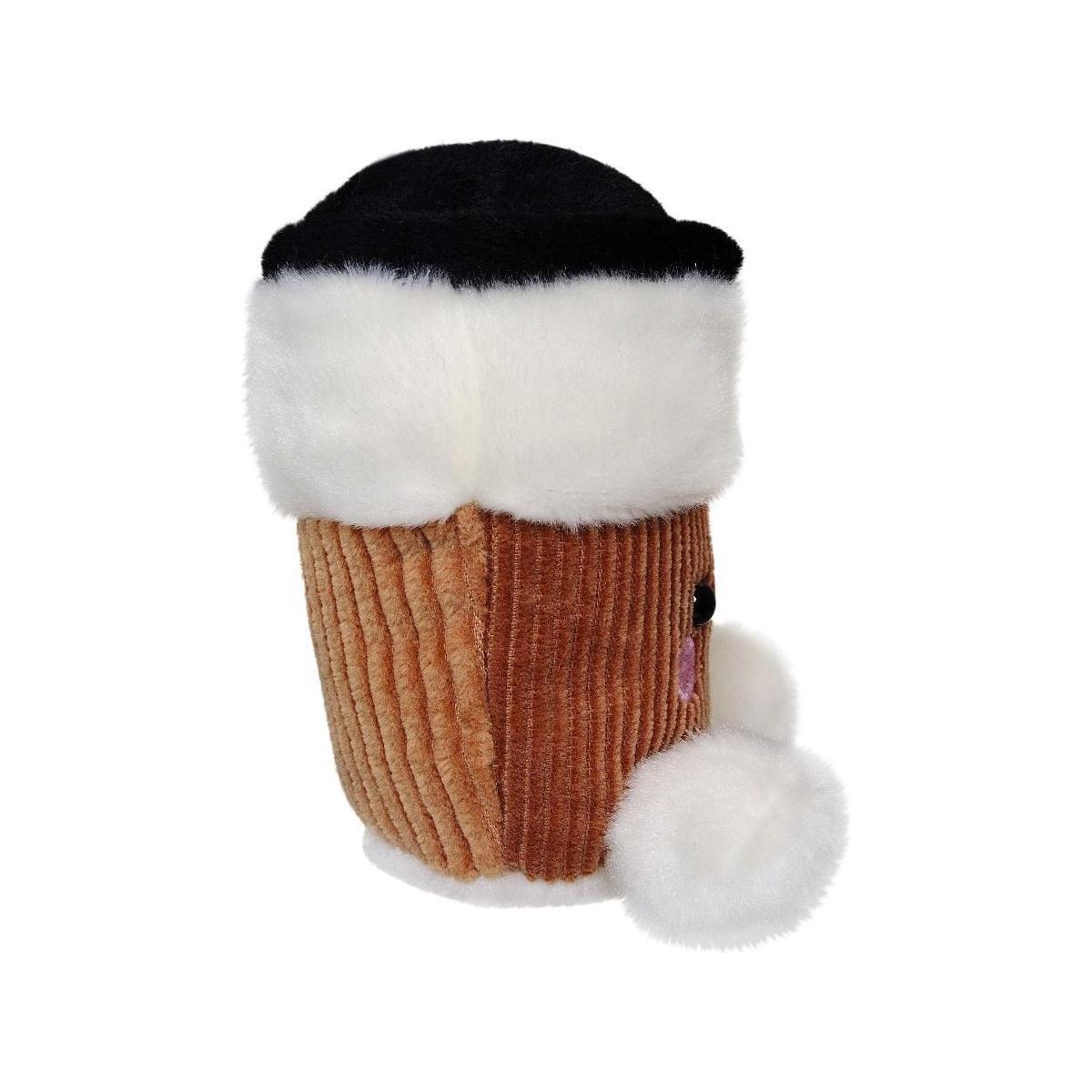 The Palm Pal Essie Coffee Cup by Twice as Sweet is a zany plush toy shaped like a mug with a black top, white foam accents, and a ribbed brown body, making it a charming coffee-themed plush.