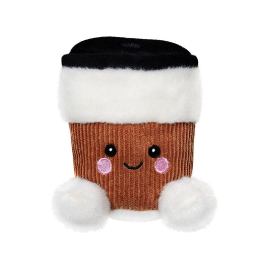 The Palm Pal Essie Coffee Cup by Twice as Sweet is a playful plush toy shaped like a coffee cup, featuring a smiling face, rosy cheeks, fluffy whipped cream on top, and two white pom-poms, set against a white background.