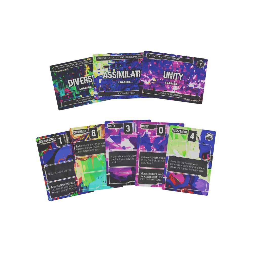 Two decks of cards from the card game 'Compile', displayed on a clean white background. The top row shows the Leader decks with colorful abstract designs, and the bottom row shows the Action decks with various colored action cards.