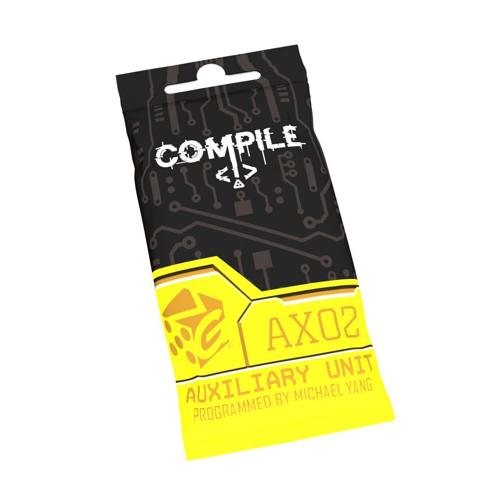 Packaged product with 'Compile' branding on a white background for the 'Auxiliary Unit 2' Expansion for the card game 'Compile'